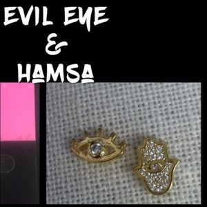 Hamsa & Evil Eye Pair Earrings w CZ